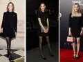 Tres mujeres lucen elegantes vestidos negros. Ideas para como adornar un vestido negro liso: bolsos chic, medias y tacones.