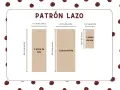 Patrón para crear lazos de cinta para niñas. Muestra tres piezas de tela con medidas: 28x14 cm, 28x20 cm y 10x6 cm.