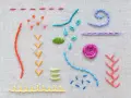 Ejemplos de puntadas para bordado principiantes: líneas, puntos, flechas, espirales y una flor.