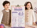 Niños sonriendo, uno con chaleco tejido marrón, otro con chaleco tejido crema. Un cartel muestra la guía rápida de patron chaleco niño.