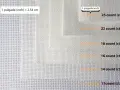 Muestras de tela para punto de cruz, con indicaciones de "count" (25, 22, 18, 16, 14, 11) y su equivalencia en centímetros.