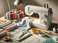 Máquina de coser, hilos de colores, telas y tijeras listos para coser ropa.
