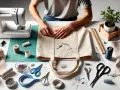 Manos cosiendo un bolso de mano de tela, con máquina de coser, hilos, tijeras y alfileres.