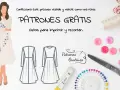 Ilustración de un vestido con flores, patrones de vestidos, tijeras, botones y cinta métrica.