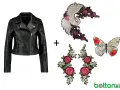 Chaqueta de cuero negra lista para customizar con parches de grulla, mariposa y rosas.