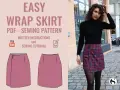 Patrón de falda pareo fácil, con instrucciones escritas y tutorial de costura en PDF. Una modelo luce una falda a cuadros.
