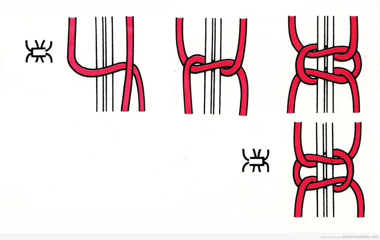 Ilustración de pulseras de macramé paso a paso. Muestra cómo hacer nudos para crear un diseño.