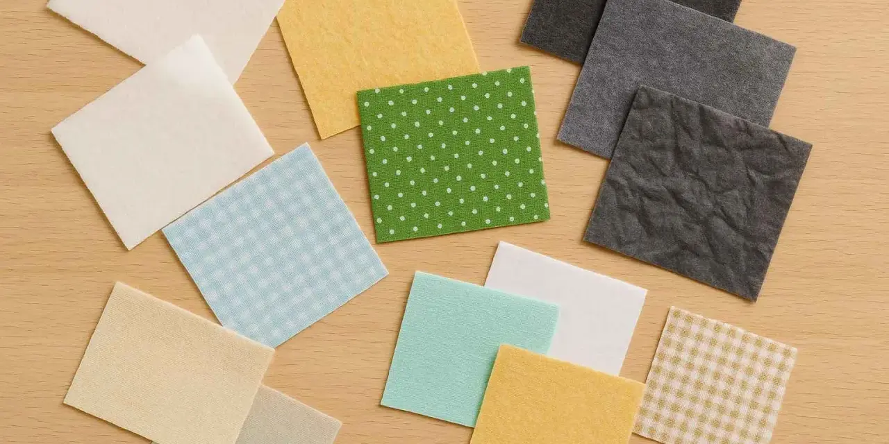 Variedad de retazos de tela, algunos con estampados de puntos y cuadros, otros lisos en tonos pastel y grises. Un tejido fuerte empleado para entretelas.