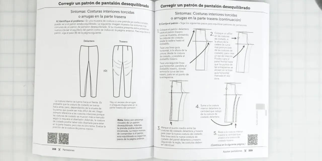 Diagramas de costura para ajustar patrones de pantalones desequilibrados, mostrando cómo corregir costuras torcidas y arrugas.