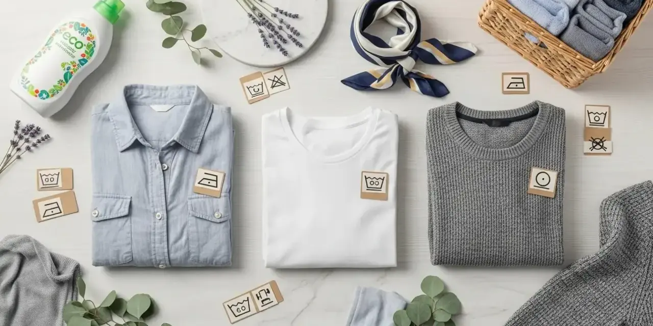 Ropa doblada, jabón ecológico y símbolos de lavado. El algodón stretch, con su significado de comodidad y adaptabilidad, se muestra en esta escena.