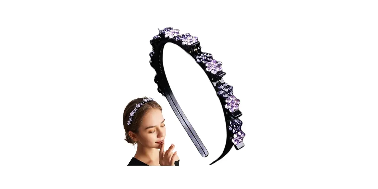 Diadema negra con flores de pedrería morada, ideal para peinados elegantes. Aprende como hacer diademas con puntillas para un toque chic.