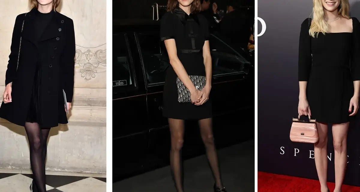 Tres mujeres lucen elegantes vestidos negros. Ideas para como adornar un vestido negro liso: bolsos chic, medias y tacones.