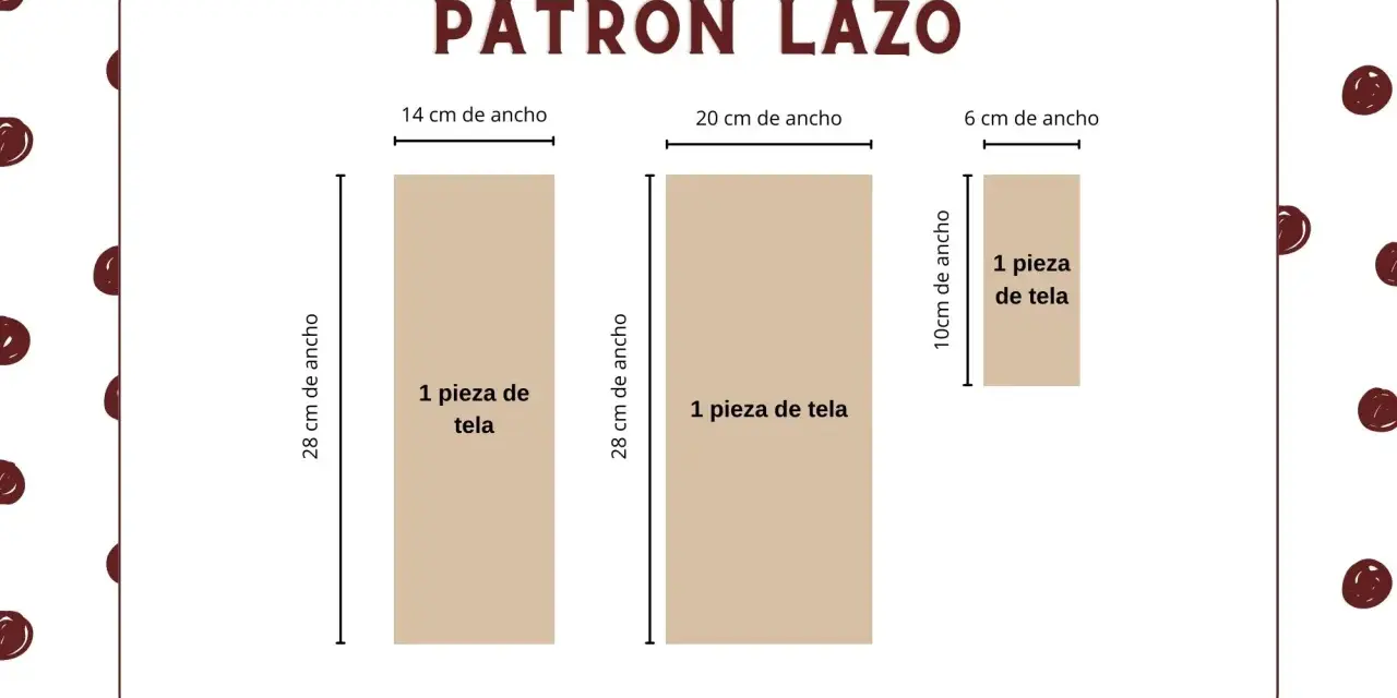 Patrón para crear lazos de cinta para niñas. Muestra tres piezas de tela con medidas: 28x14 cm, 28x20 cm y 10x6 cm.