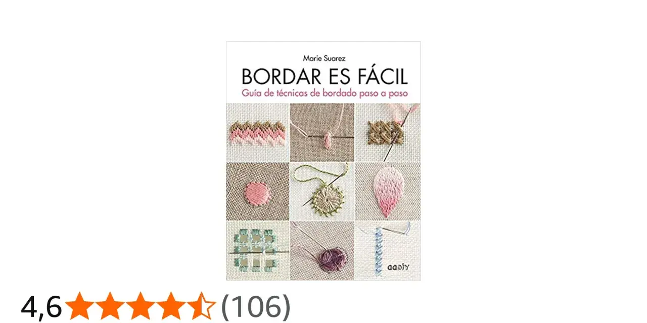 Muestra de libro "Bordar es Fácil" con diversos patrones de hojas bordadas y técnicas paso a paso.