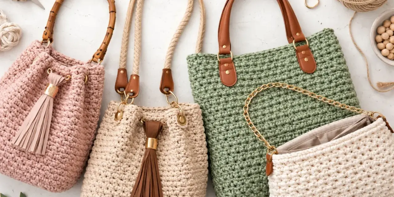 Bolsos de ganchillo con borlas y asas de cuero. Un bolso verde grande y uno blanco pequeño con cadena dorada. La costura provisional a punto largo es visible en todos.