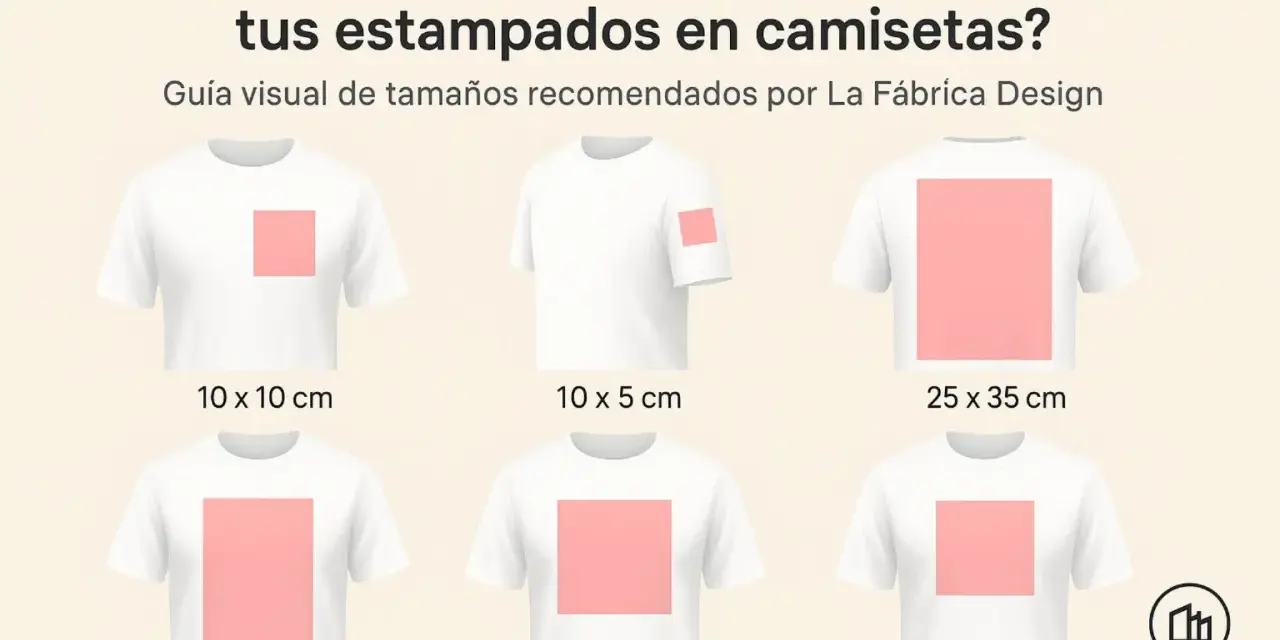 Guía visual de dónde poner el logo en una camiseta. Muestra diferentes tamaños y ubicaciones para estampados en camisetas blancas.