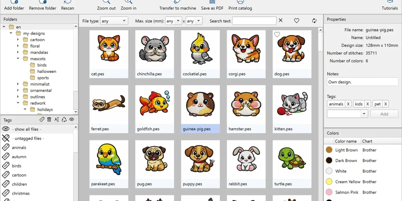 Organizador de bordados con diseños de animales. El archivo dst "guinea-pig.pes" se muestra en el panel de vista previa.