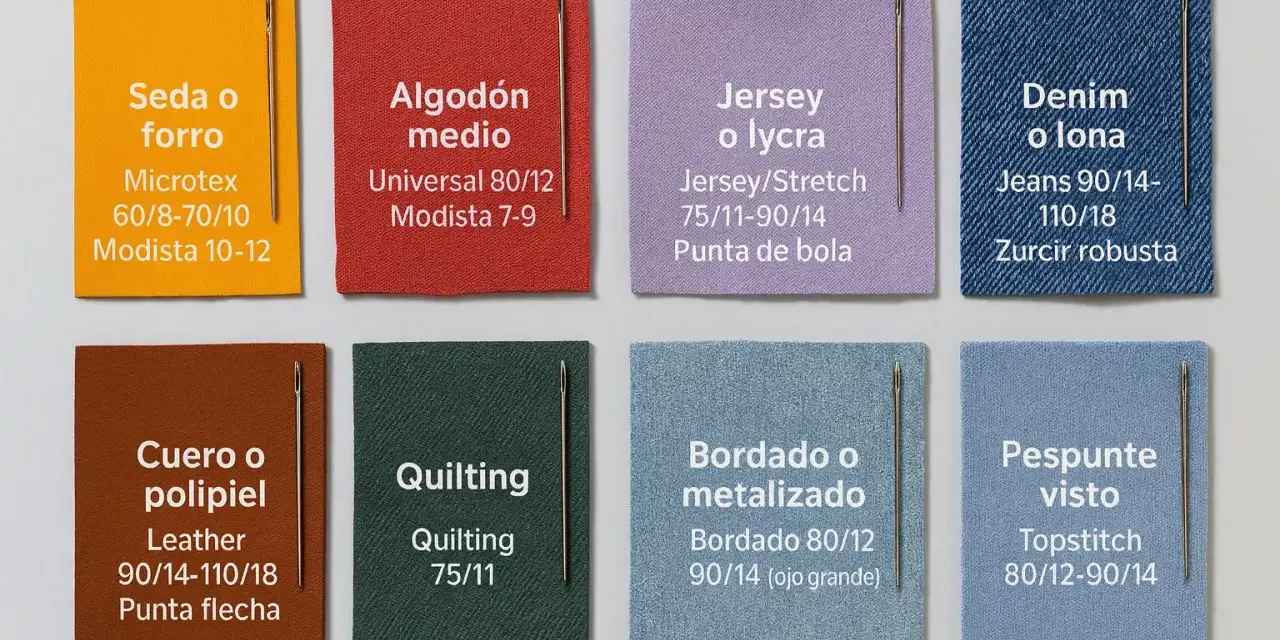 Muestras de tela con diferentes tipos de agujas para costura: seda, algodón, jersey, denim, cuero, quilting, bordado y pespunte.