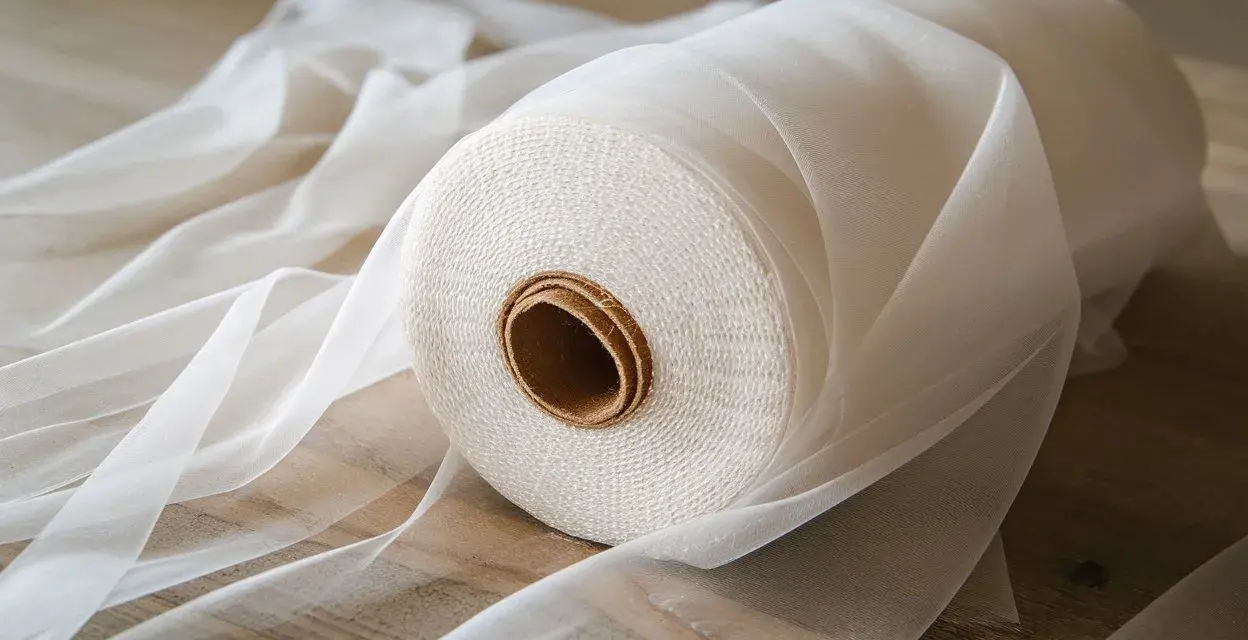 Rollo de organza blanca, mostrando diferentes tipos de organza para manualidades y decoración.