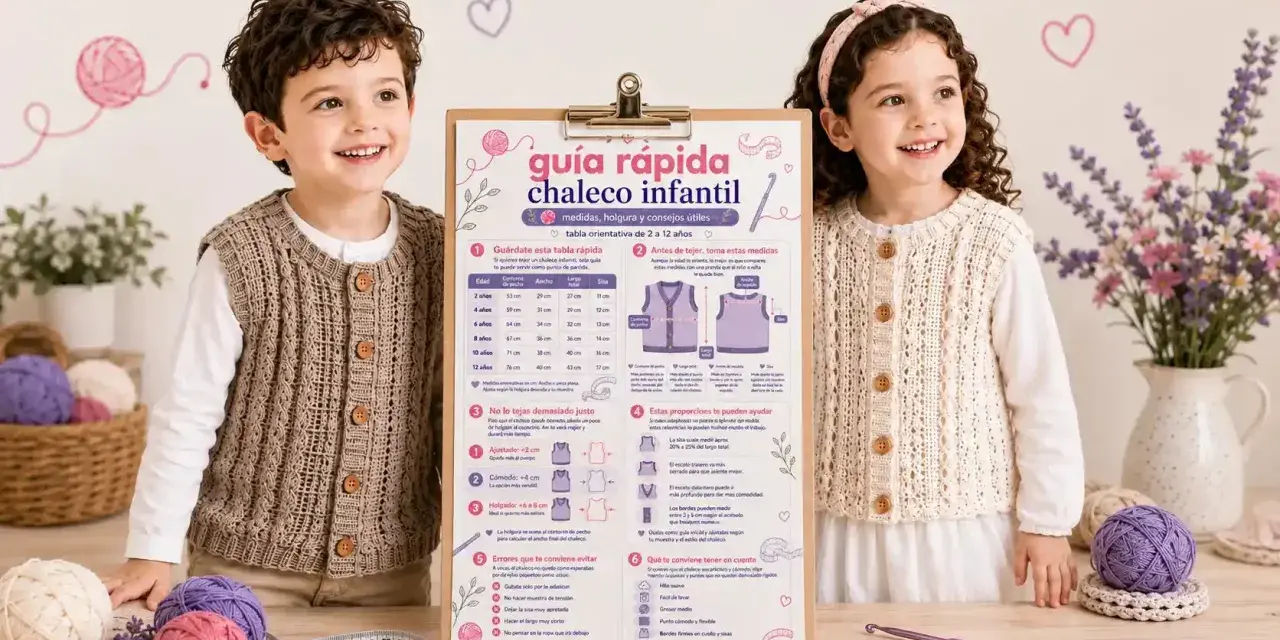 Niños sonriendo, uno con chaleco tejido marrón, otro con chaleco tejido crema. Un cartel muestra la guía rápida de patron chaleco niño.