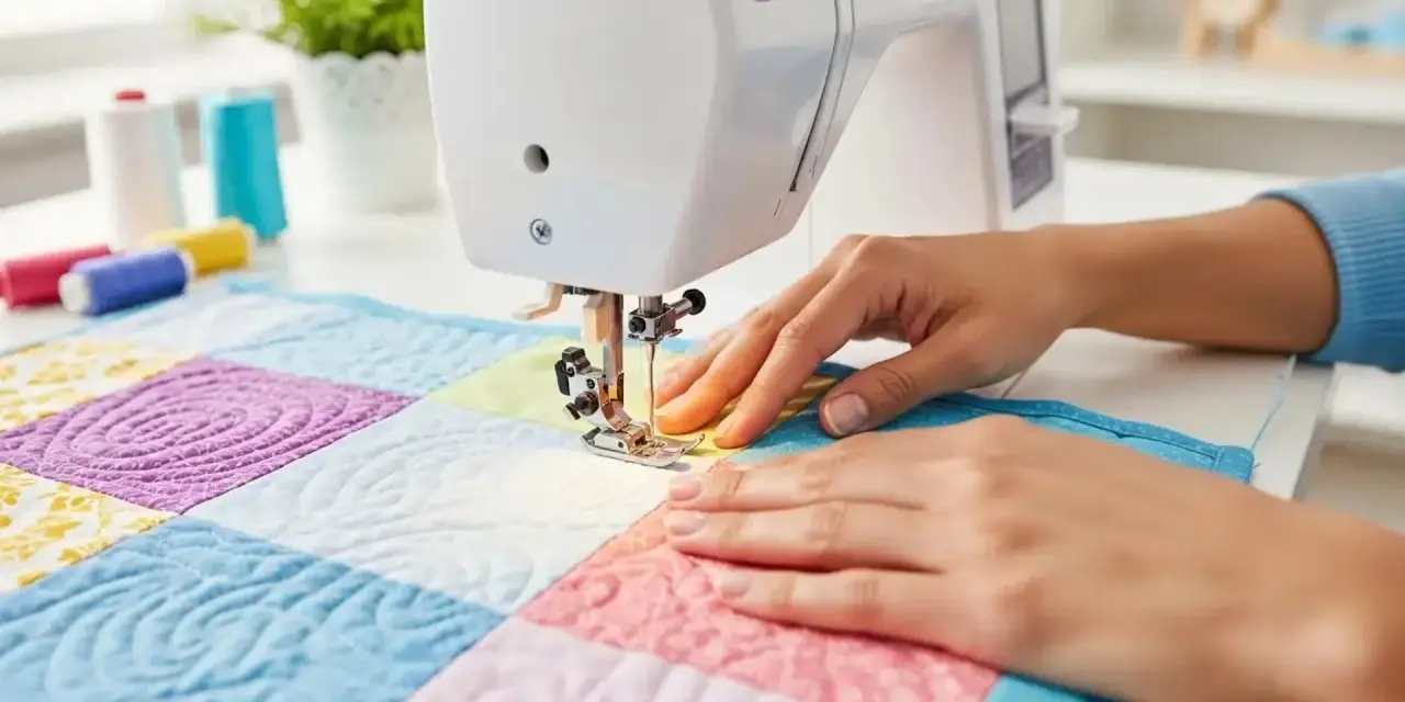 Manos cosiendo un quilt colorido con máquina de coser. La tela waterproof se ve resistente y lista para cualquier proyecto.