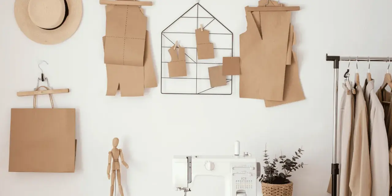 Patrones de papel marrón colgados en la pared, como se llama el papel para hacer patrones. Máquina de coser y ropa en un perchero.