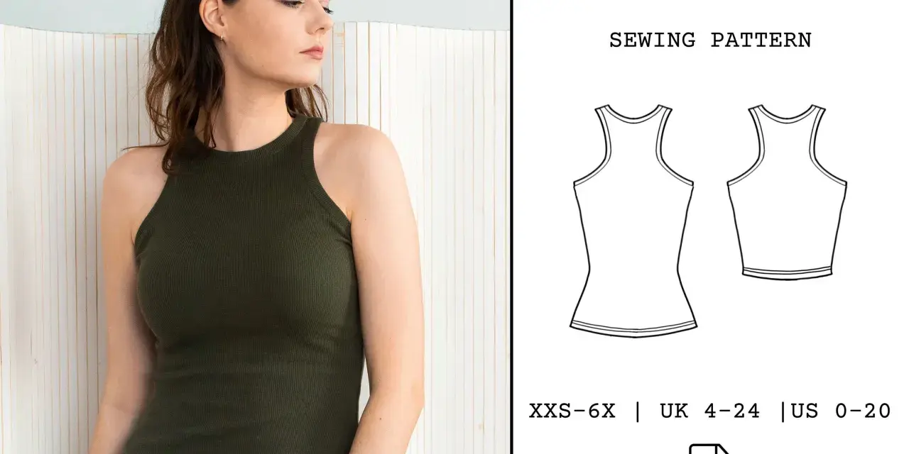 Patron camiseta tirantes mujer "Essential Tank". Incluye tallas XXS-6X, UK 4-24, US 0-20.