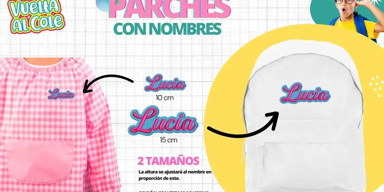 Parches con nombres bordados para pegar con plancha. Personaliza tu ropa y mochila con el nombre "Lucia" en dos tamaños. ¡Vuelta al cole fácil!