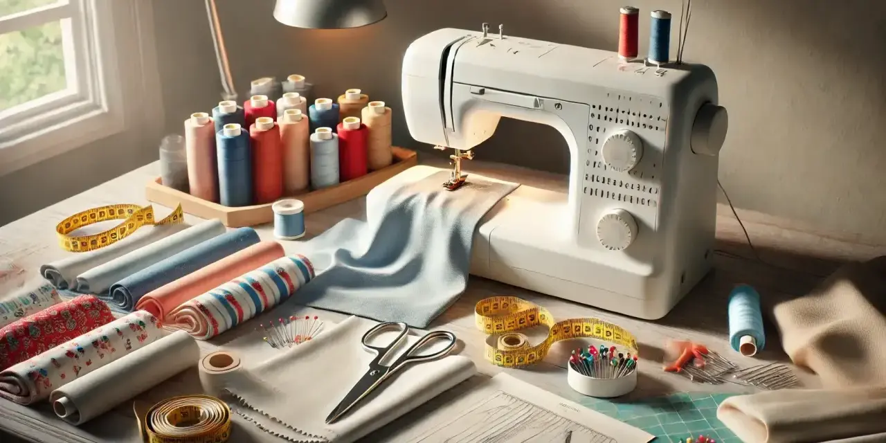 Máquina de coser, hilos de colores, telas y tijeras listos para coser ropa.