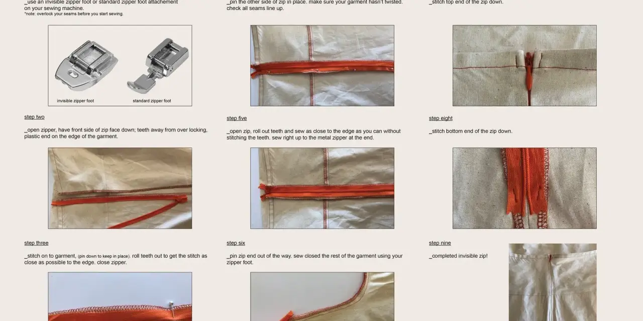 Guía paso a paso para **poner cremallera** invisible en prendas de vestir, mostrando los accesorios de costura y el proceso de sujeción y costura.