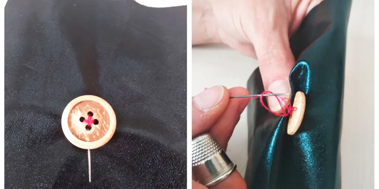 Demostración de cómo coser un botón de madera a tela negra con hilo rojo. Se ve el botón ya fijado y luego el proceso de coserlo.