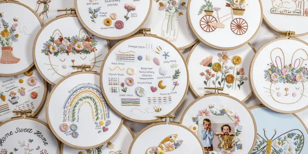 Colección de aros de bordado con diseños de flores, animales y arcoíris. Muestran puntadas sencillas y son perfectos para principiantes.