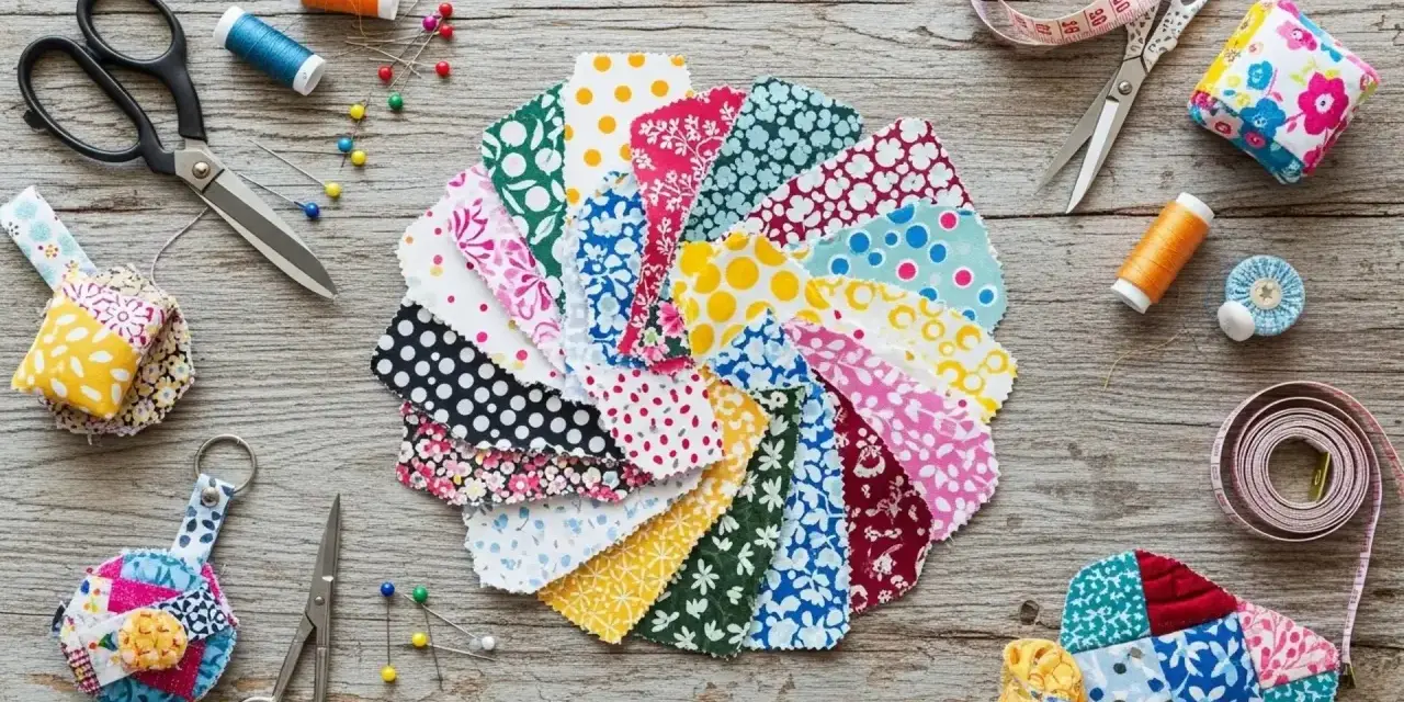Telas de colores y patrones vibrantes, tijeras, hilos y alfileres listos para dar vida a proyectos de costura creativa.
