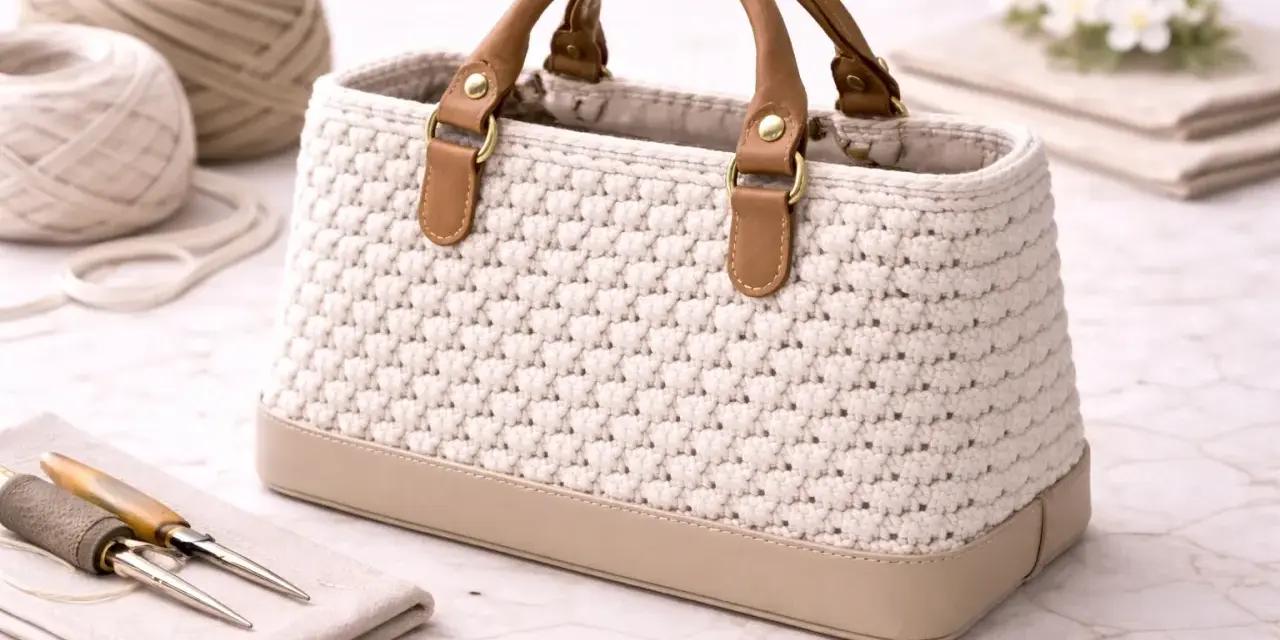 Bolso tejido a mano con asas de cuero. La tela para bolsos es de color crema, con base de cuero beige. A su lado, ovillos de lana y herramientas de costura.