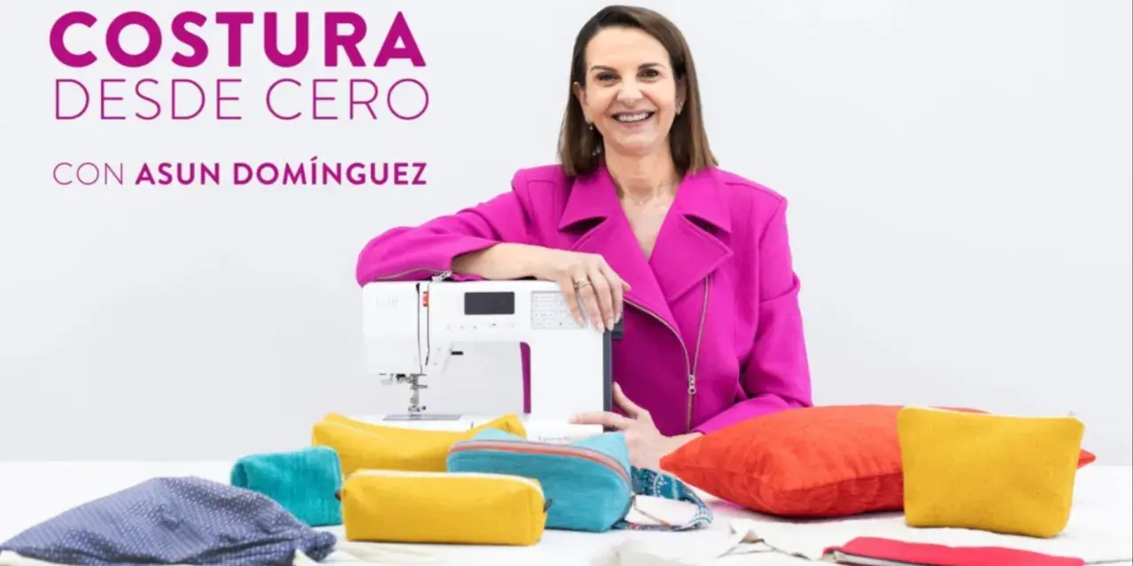 Asun Domínguez te enseña como coser desde cero. Máquina de coser y varios neceseres de tela listos para usar.