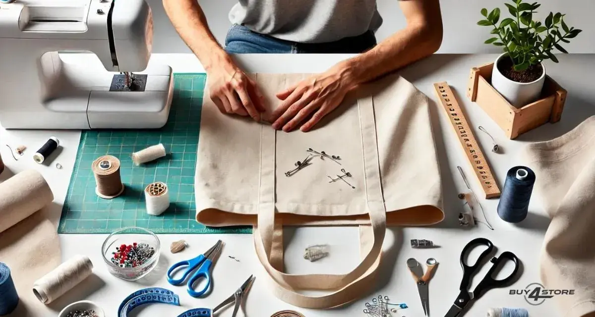 Manos cosiendo un bolso de mano de tela, con máquina de coser, hilos, tijeras y alfileres.
