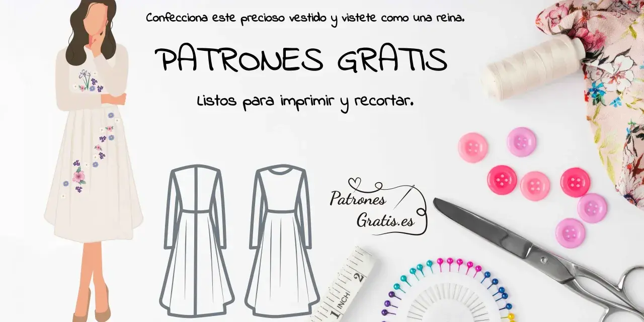 Ilustración de un vestido con flores, patrones de vestidos, tijeras, botones y cinta métrica.