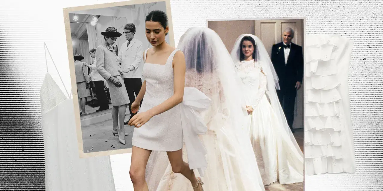 Ideas para decorar vestidos: collage de moda con vestidos blancos, novias y un desfile vintage.