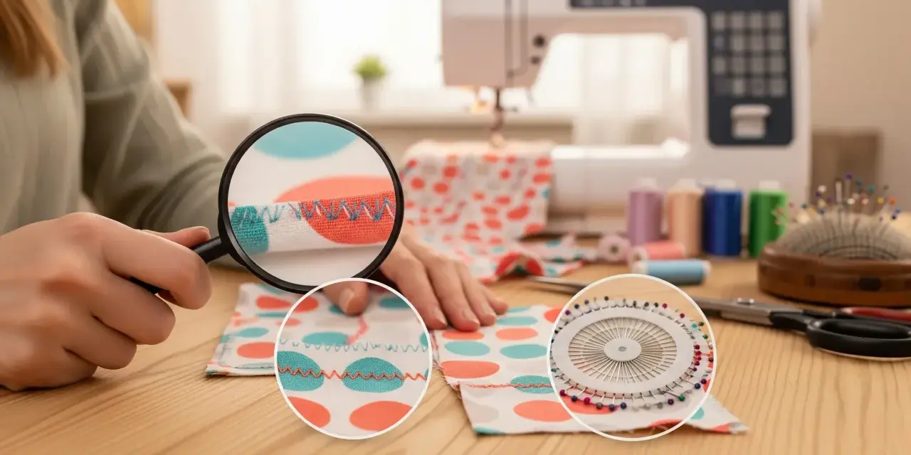 Detalle de puntadas de zigzag en tela con lunares, ideal para aprender como coser tul a mano. Máquina de coser y hilos de colores al fondo.