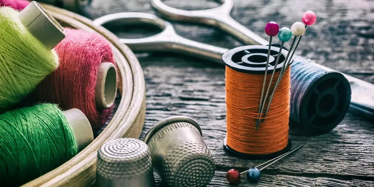 Herramientas para arreglar una ropa con un trozo del mismo tipo: hilos de colores, tijeras, dedales y alfileres.