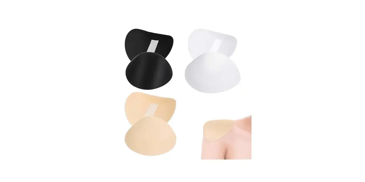 Variedad de tipos de hombreras en negro, blanco y beige. Una imagen muestra cómo se colocan en el hombro.