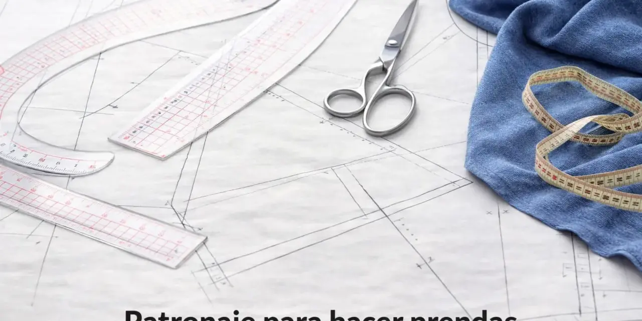 Patronaje para hacer prendas. Tijeras, reglas de costura y tela sobre un patrón. Todo lo que necesitas en una mercería.