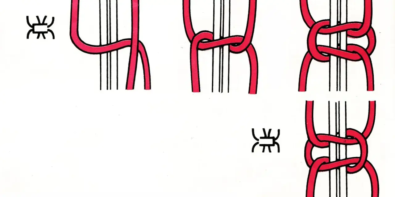 Ilustración de pulseras de macramé paso a paso. Muestra cómo hacer nudos para crear un diseño.