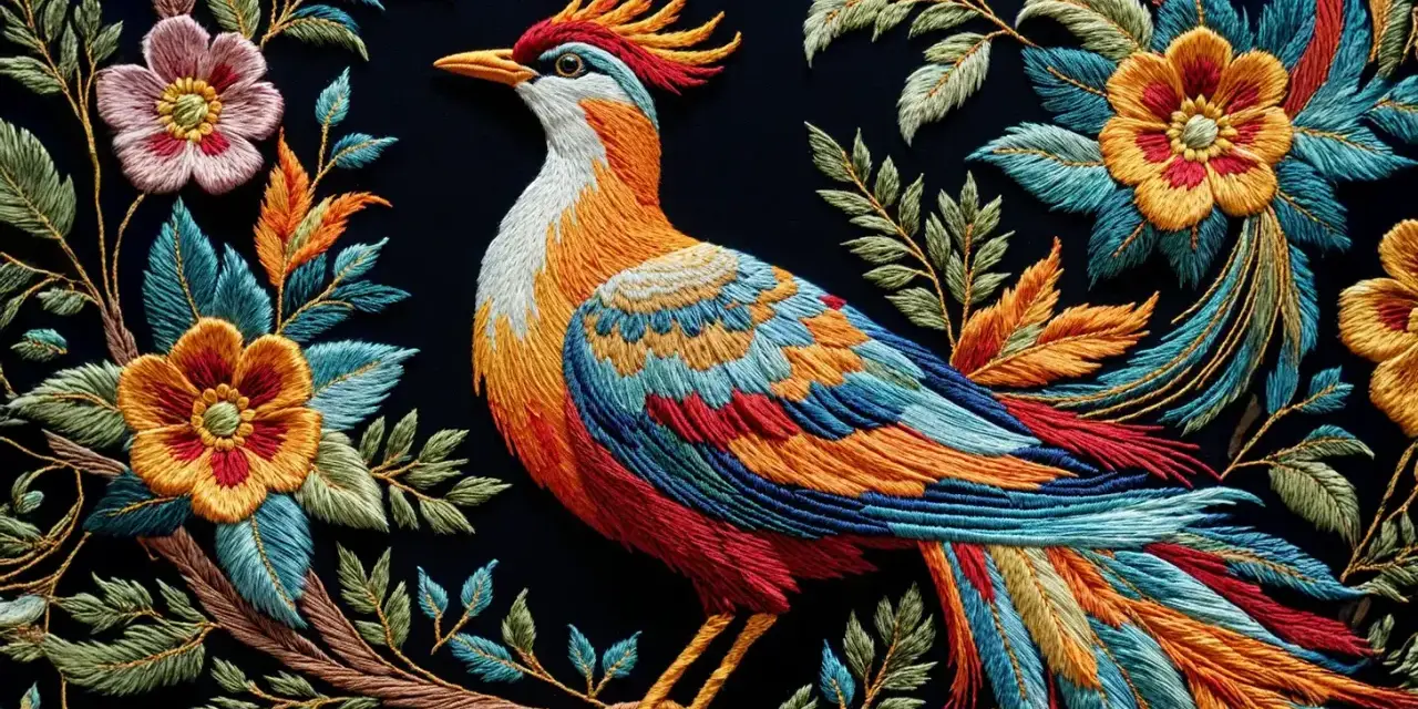 Pájaro vibrante rodeado de flores y hojas, un ejemplo de bordados modernos llenos de color y detalle.