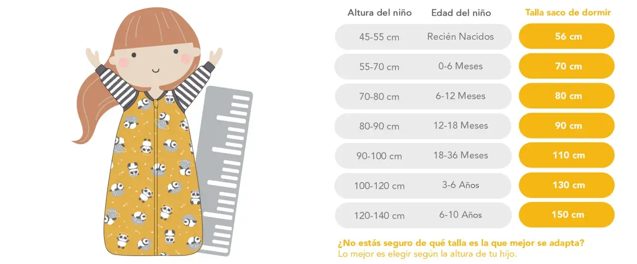 Tabla de medidas patron saco bebe. Ilustración de niña con saco de dormir estampado de pandas y regla, junto a guía de tallas por altura y edad.