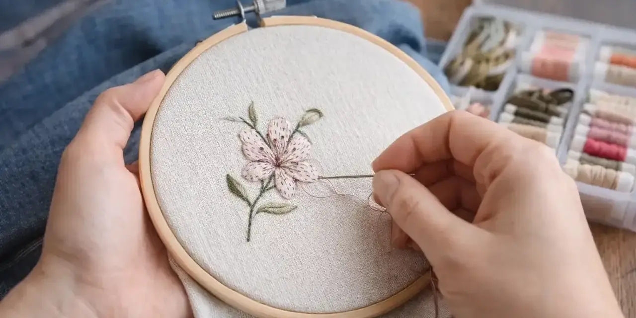 Manos delicadas bordando una flor con hilo rosa y verde sobre tela clara, usando un bastidor. A un lado, una caja con carretes de hilo.