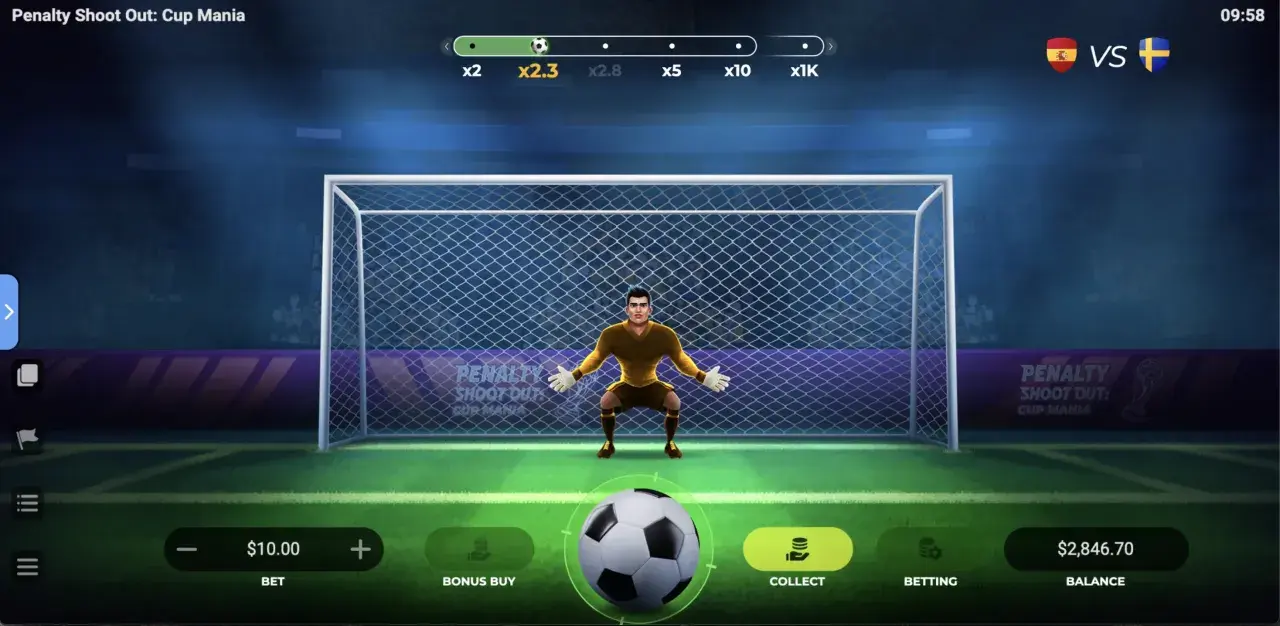 Estrategia y azar en el juego de penaltis online: qué es real. Un portero se prepara en un campo de fútbol virtual, listo para detener un penalti.