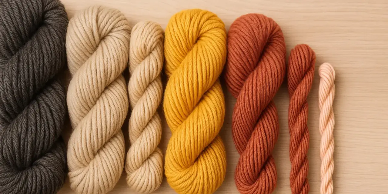 Ovillos de lana de diferentes grosores y colores: gris oscuro, beige, amarillo mostaza, terracota y rosa pálido. El hilo parece ser de lana, de que esta hecho el hilo.