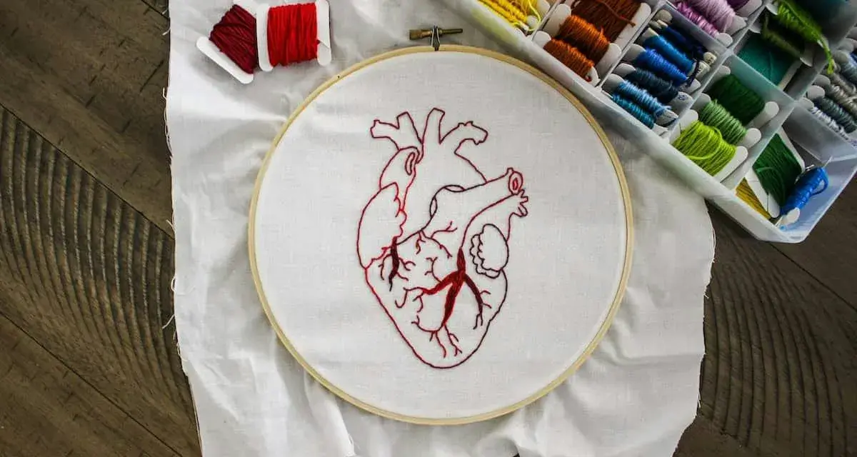 Un corazón bordado en tela blanca, listo para aprender a bordar. Hilos rojos y una caja de hilos de colores completan la escena.