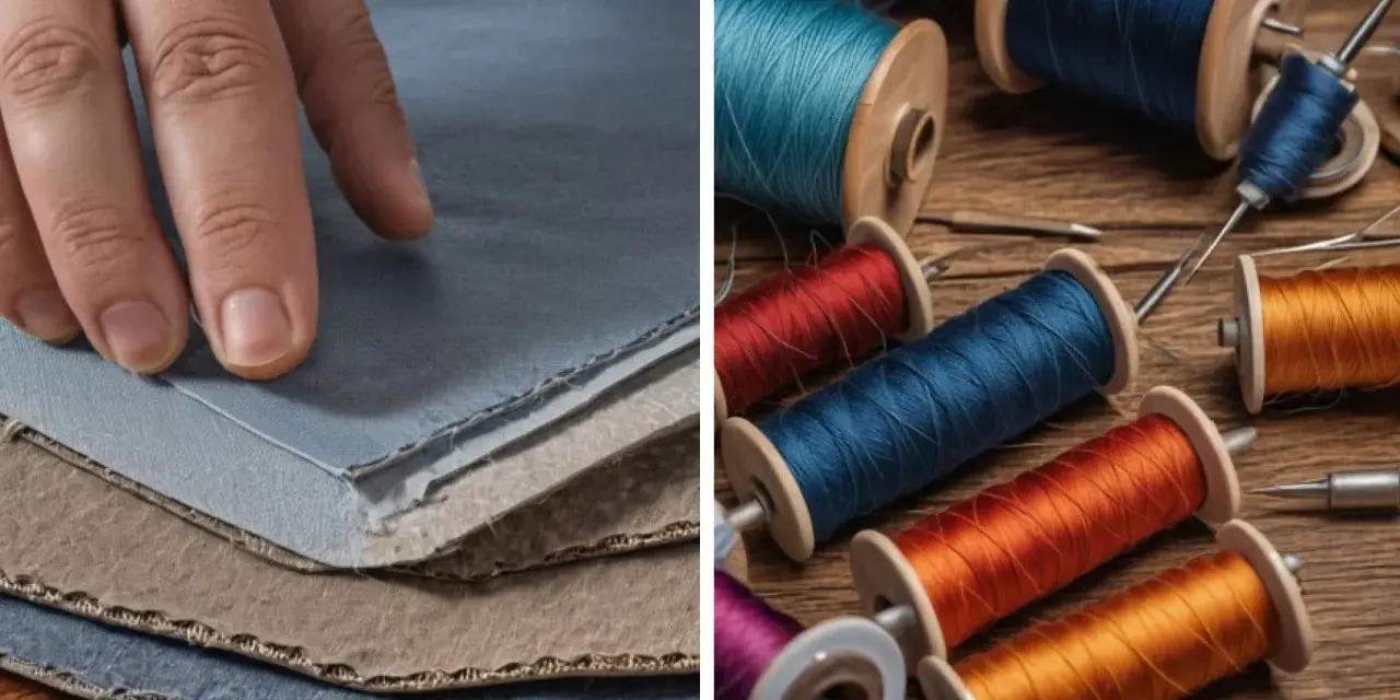 Mano sobre telas azules y marrones, junto a carretes de hilo de colores vibrantes, listos para aprender como coser un agujero a mano.